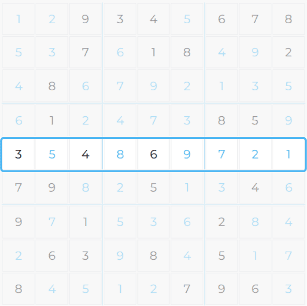 Sudoku Rule 1: Numbers 1-9 in Every Row - Example on a Free Online Sudoku Puzzle