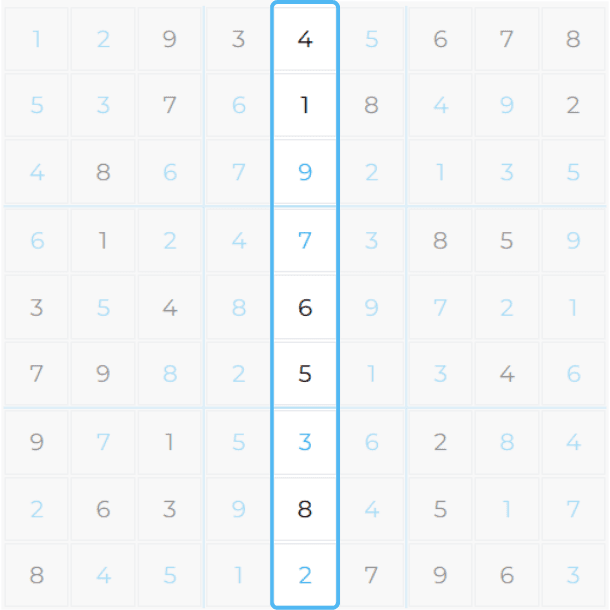 Sudoku Rule 2: Numbers 1-9 in Every Column - Example on a Free Sudoku Puzzle Online